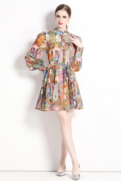 Runway Fashion Autumn Soft Satin Abstract Print, Mock Neck, Lantern Sleeve Office, Party, Holiday's Dress